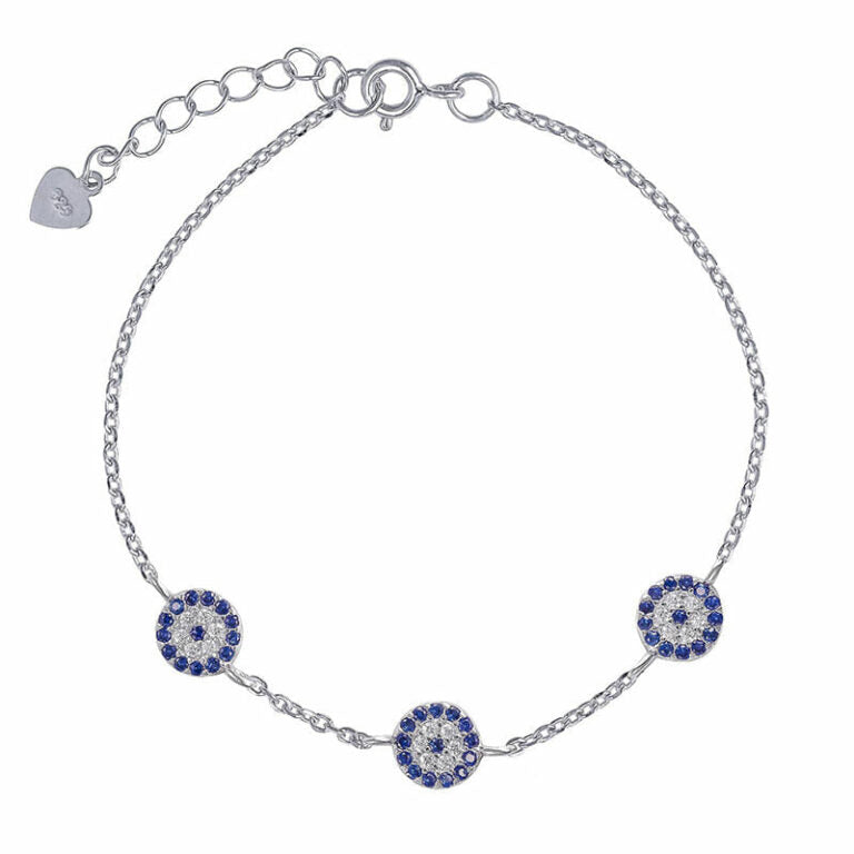 Rhodium Plated Sterling Silver Blue Evil Eye CZ Bracelet