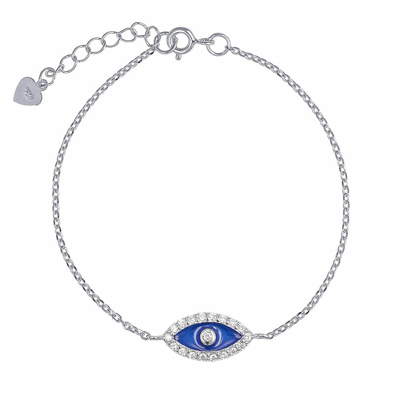 Rhodium Plated Sterling Silver Blue Evil Eye Cz Bracelet