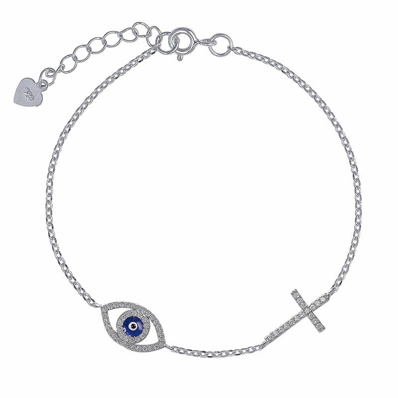 Rhodium Plated Sterling Silver Blue Ova Evil Eye and Cross CZ Bracelet