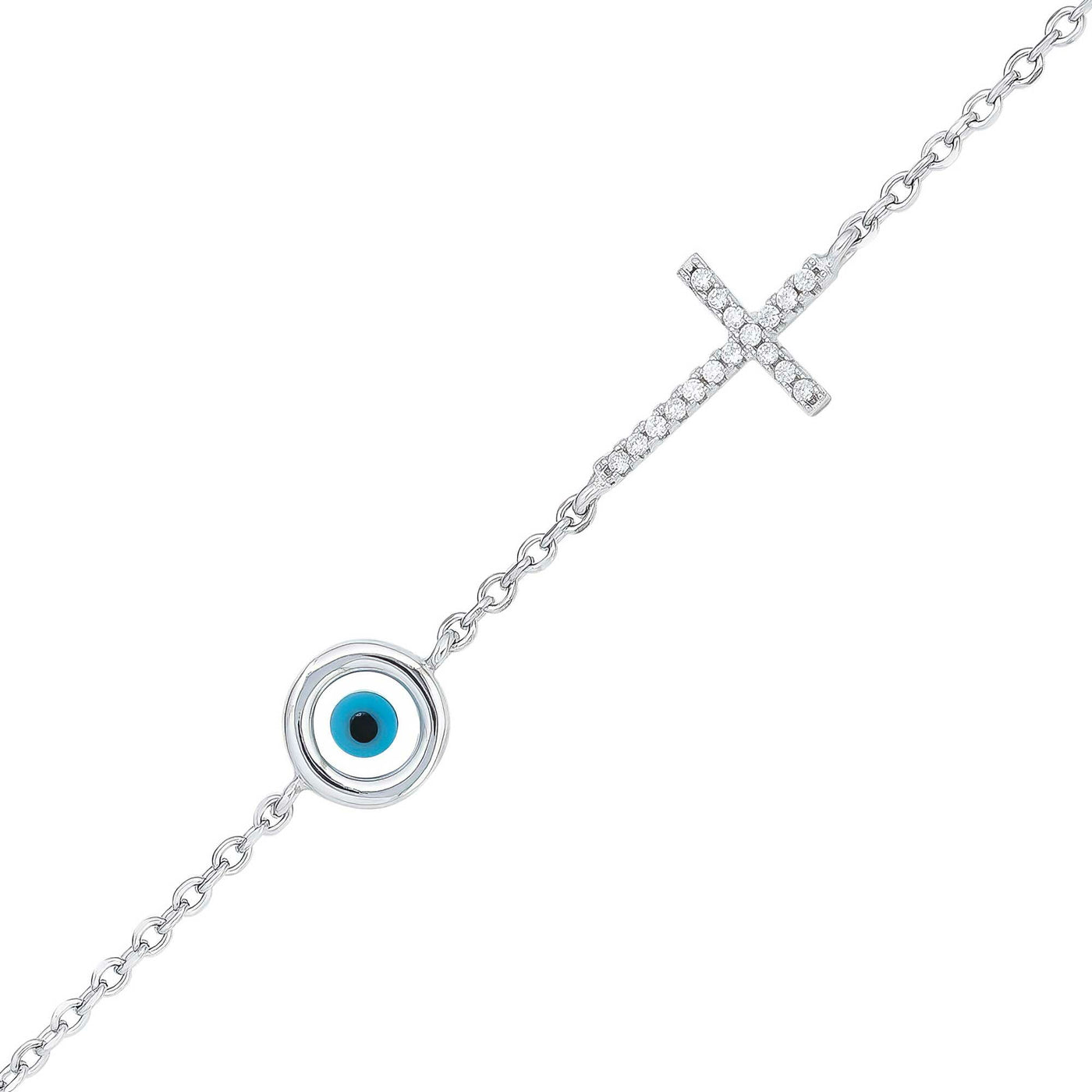 Rhodium Plated Sterling Silver Cross Blue Evil Eye and Cross Bracelet