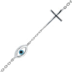 Rhodium Plated Sterling Silver Evil Eye With CZ Cross Bracelet