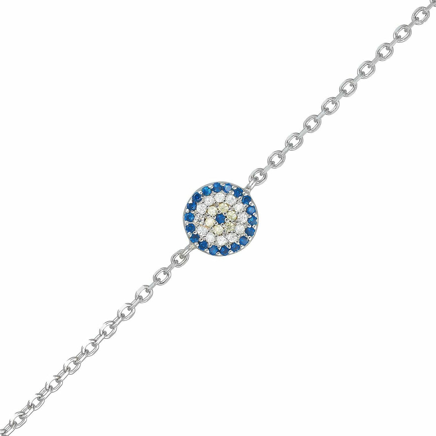 Rhodium Plated Sterling Silver Blue and Yellow CZ Evil Eye Bracelet - 17+3cm