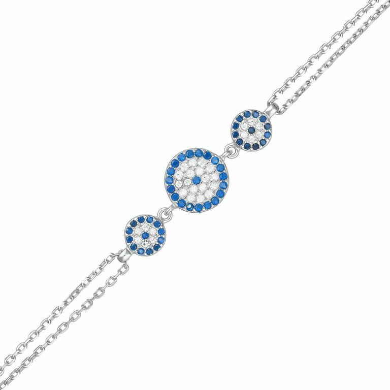 Rhodium Plated Sterling Silver Round Three x Blue Evil Eye CZ Bracelet