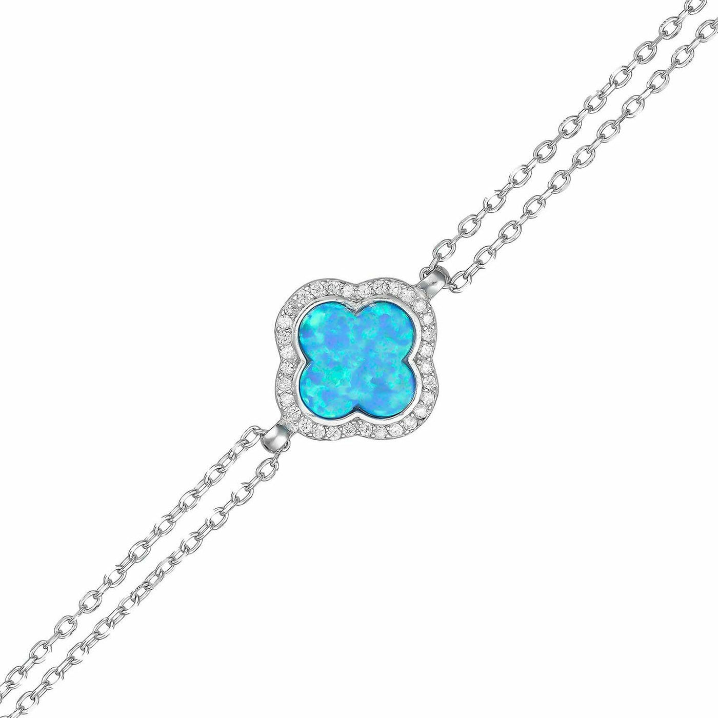 Rhodium Plated Sterling Silver Opalite Flower CZ Bracelet
