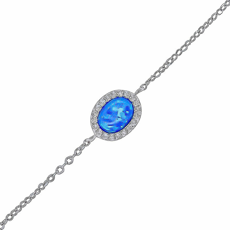 Rhodium Plated Sterling Silver Blue Oval Created Oval and CZ Bracelet