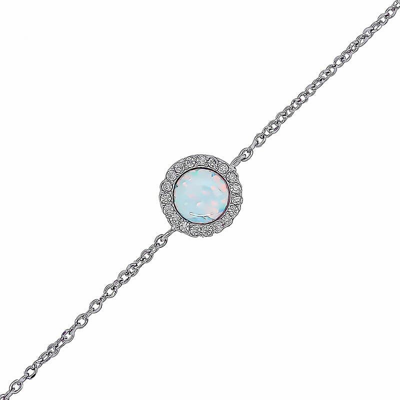 Rhodium Plated Sterling Silver White Round Created Opal and CZ Bracelet