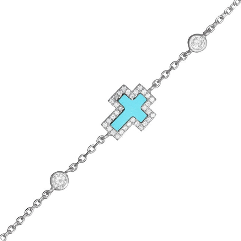 Rhodium Plated Sterling Silver Turquoise Blue CZ Cross Bracelet