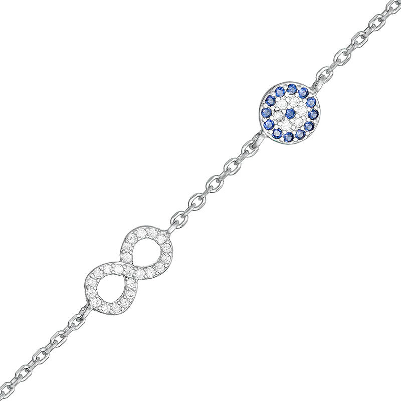Rhodium Plated Sterling Silver round Blue Evil Eye With Infinity CZ Bracelet