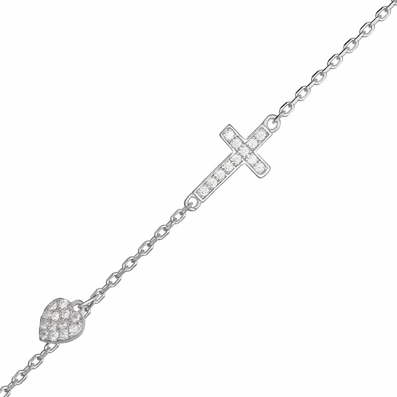 Rhodium Plated Sterling Silver Cross With Dangling Heart CZ Bracelet