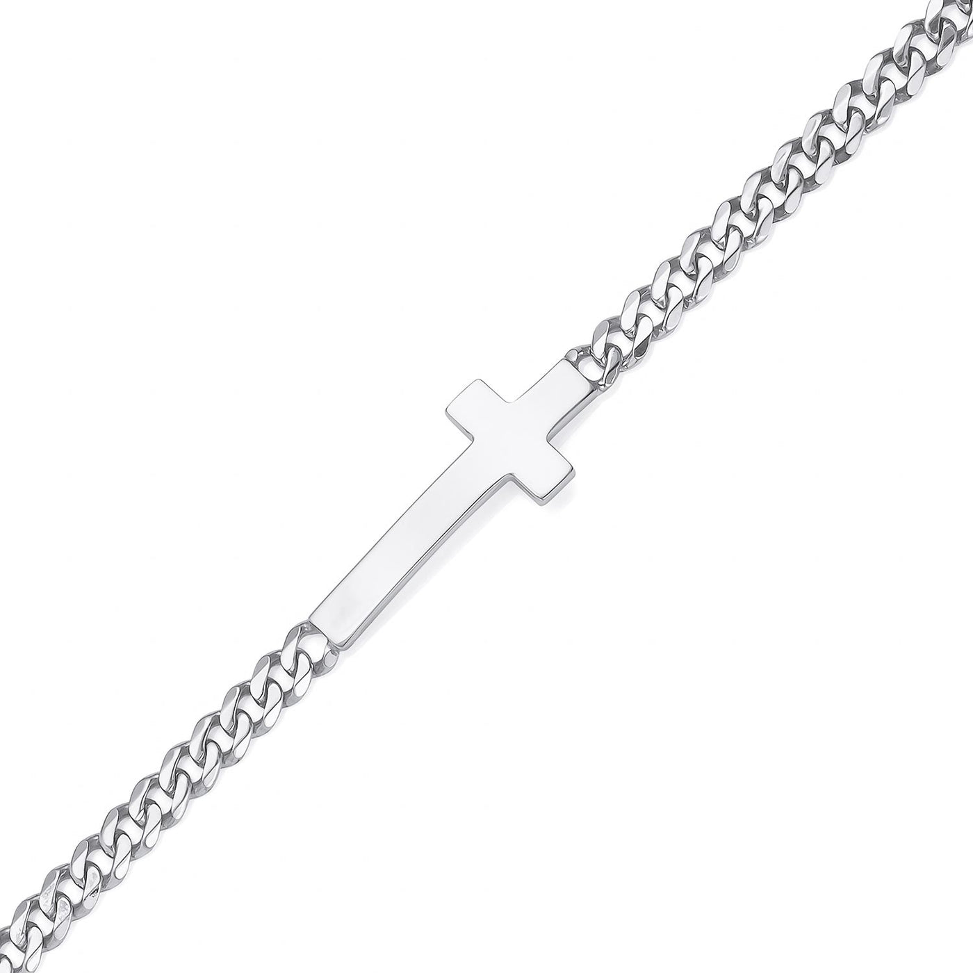 (IDM001) Rhodium Plated Mens Sterling Silver Cross ID Bracelet
