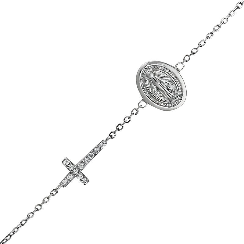Rhodium Plated Sterling Silver CZ Cross Bracelet With Mary Medallion