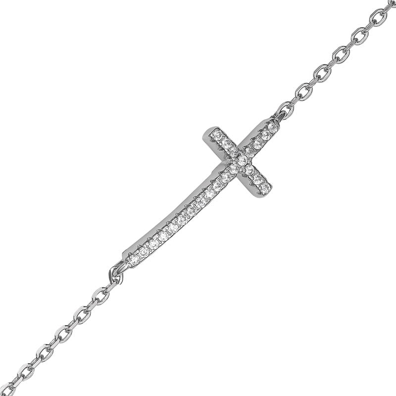 Rhodium Plated Sterling Silver Cross CZ Bracelet