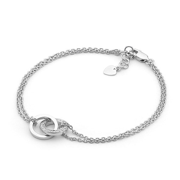 Sterling Silver Double Chain Bracelet with Linked Circles 1x White Cubic Zirconia