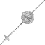 Rhodium Plated Sterling Silver Mary Medallion and Cross CZ Bracelet