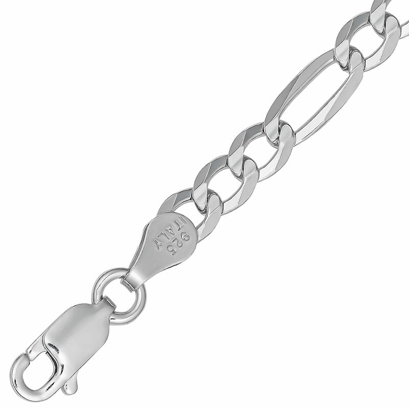 7.6mm Rhodium Plated Sterling Silver Flat Figaro Concave Chain