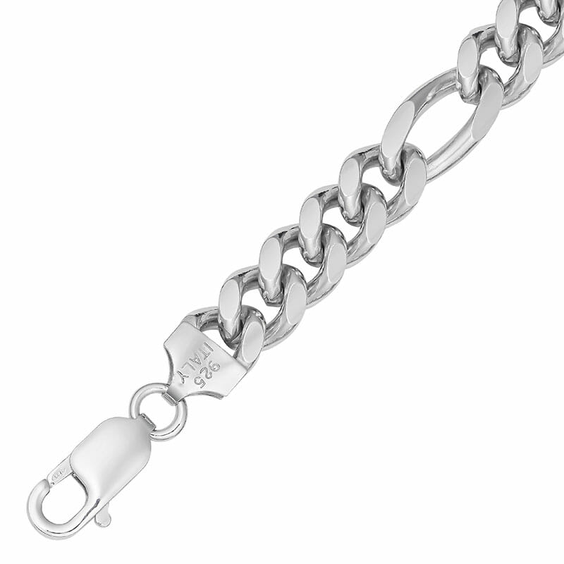 8.5mm Rhodium Plated Sterling Silver 5+1 Figaro Bombe Curb Chain