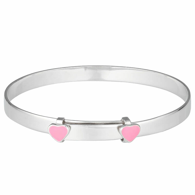 Rhodium Plated Sterling Silver Pink Heart Baby Bangle – 43.5mm