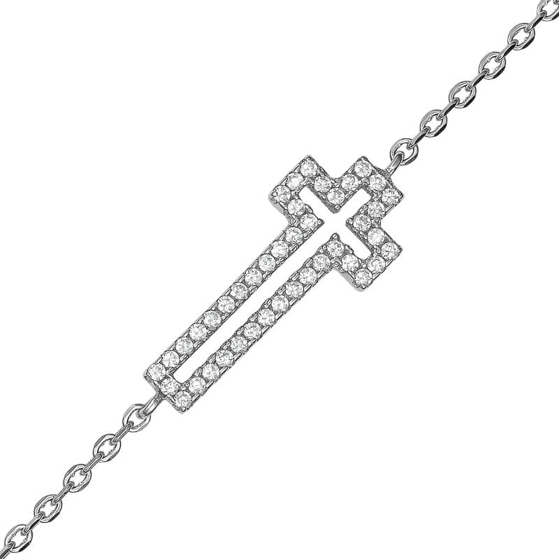 Rhodium Plated Sterling Silver Cross CZ Bracelet