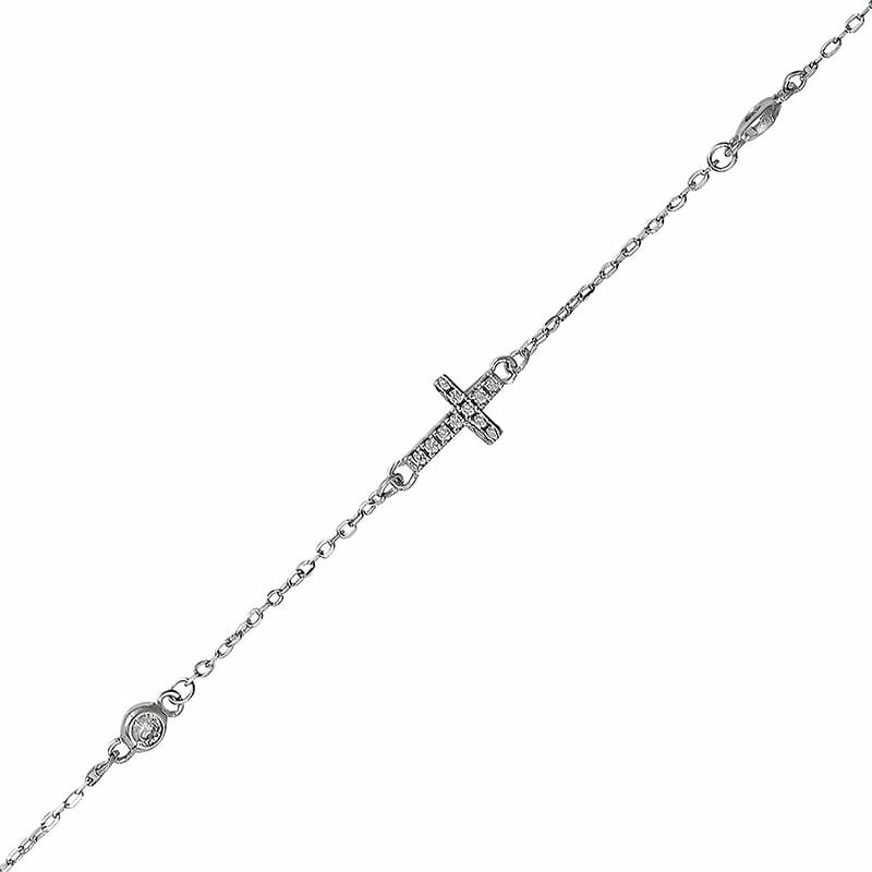 Rhodium Plated Sterling Silver CZ Cross Bracelet – Ver 2 Thicker Chain