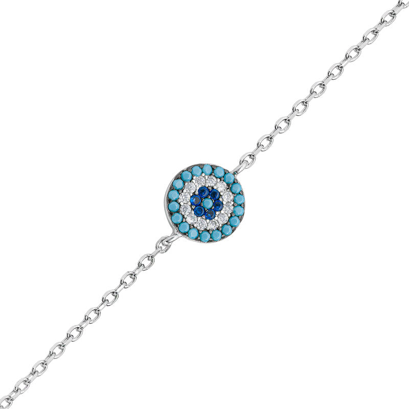 Rhodium Plated Sterling Silver Round Blue Black and Turquoise CZ Bracelet