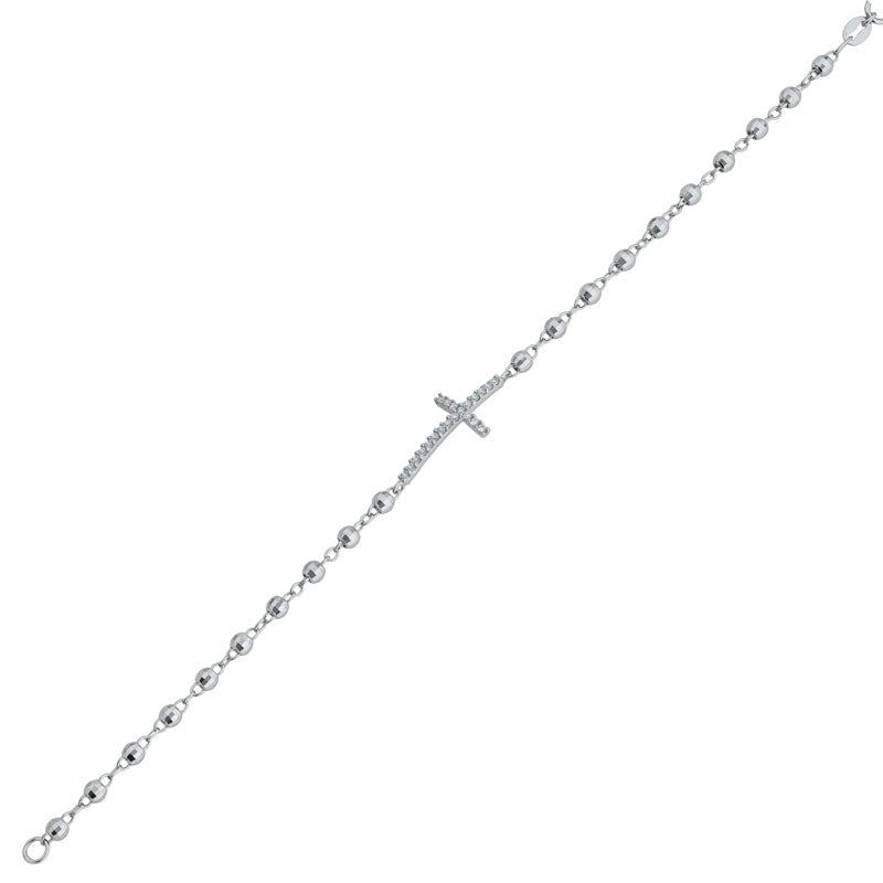 Rhodium Plated Sterling Silver CZ Cross with Beads – 17cm plus Extension Chain