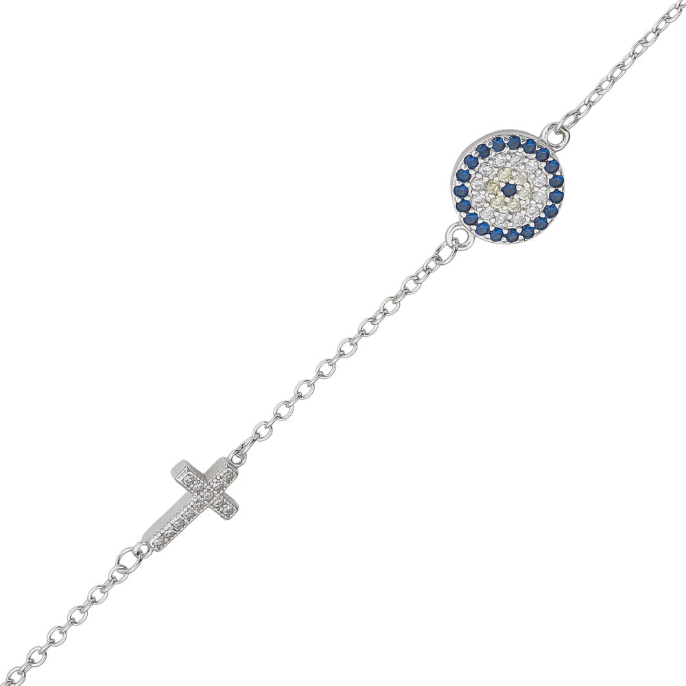 Rhodium Plated Sterling Silver Blue, White and Yellow CZ 10mm Evil Eye and Cross Bracelet