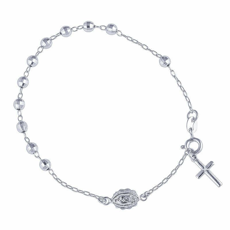 4mm Rhodium Plated Sterling Silver Diamond Cut Rosary Bracelet – 19cm