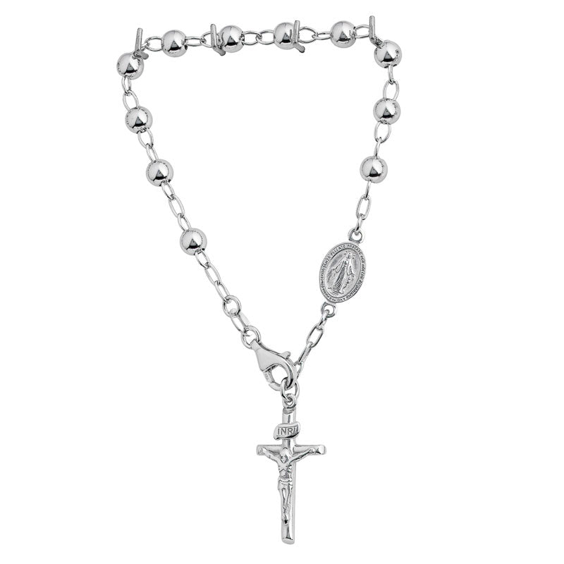 5mm Rhodium Plated Sterling Silver Plain Rosary Bead Bracelet