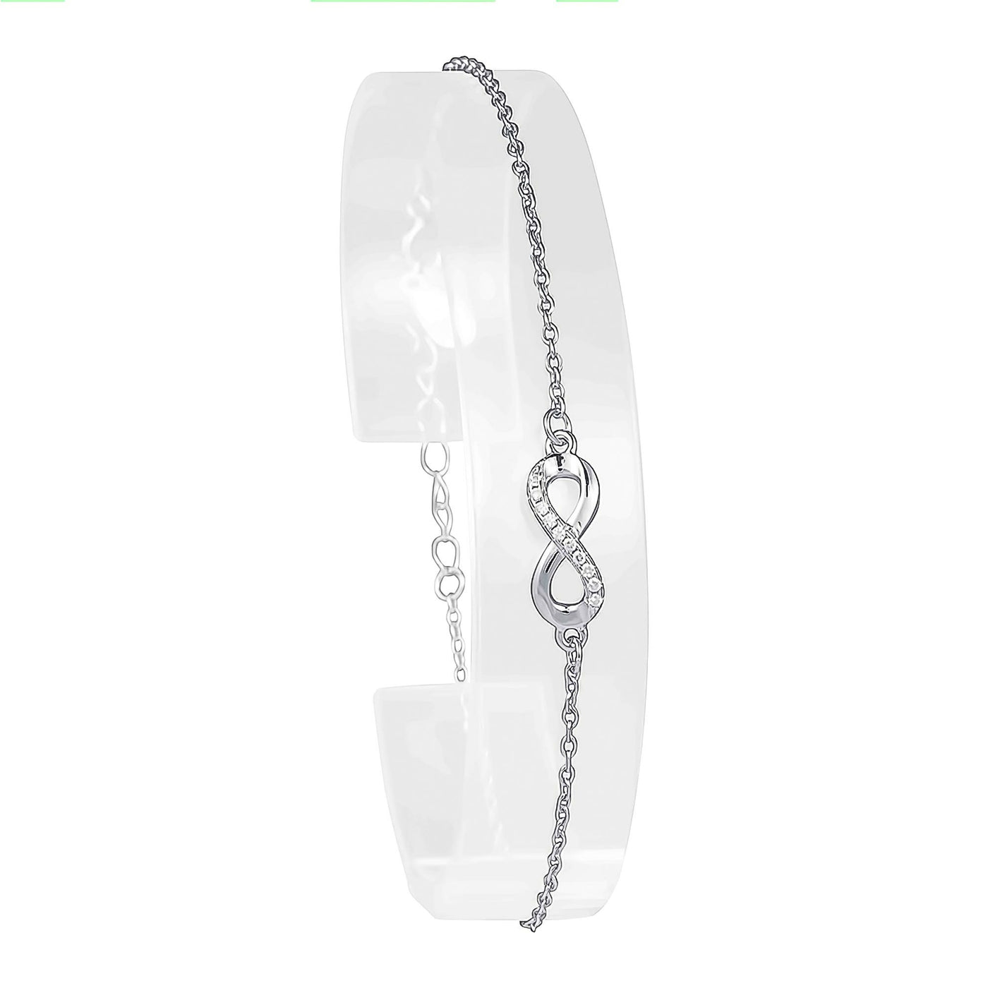 Rhodium Plated Sterling Silver 6x12mm Infinity CZ Bracelet 16+3cm