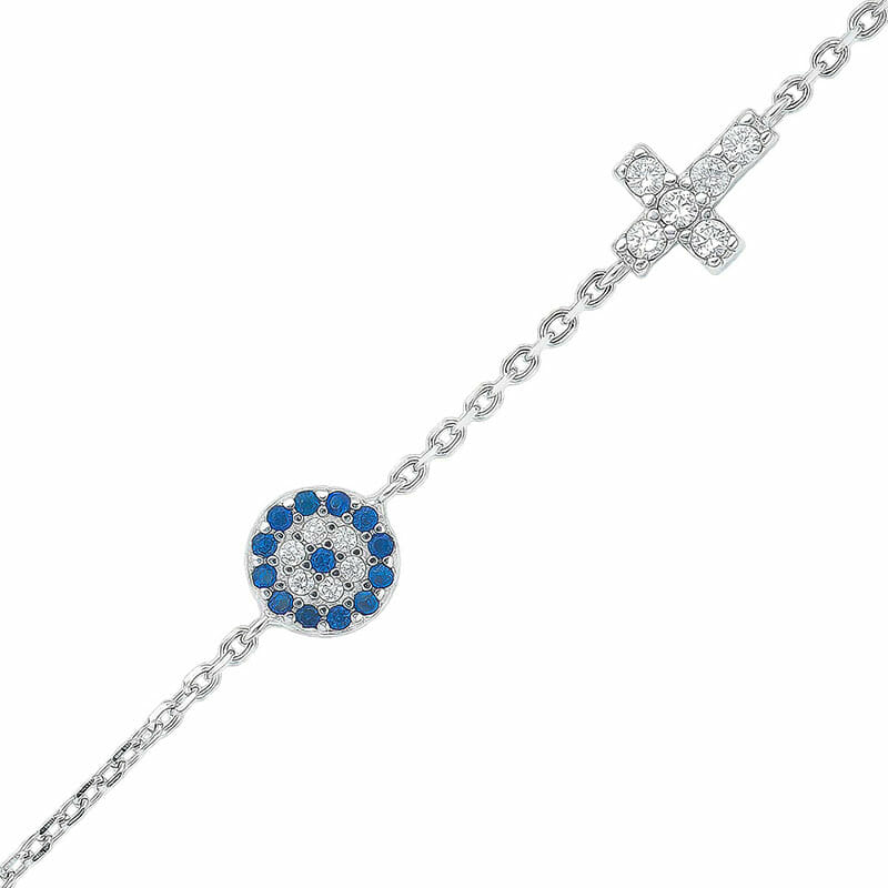 Rhodium Plated Sterling Silver Cross Blue Evil Eye and CZ Cross Bracelet