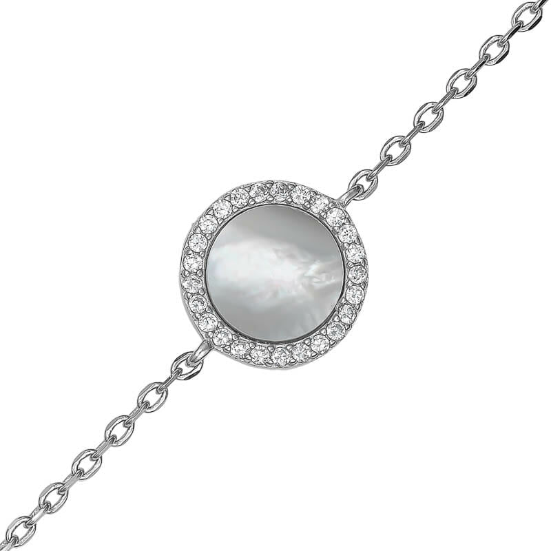 Rhodium Plated Sterling Silver Round Mother Of Pearl CZ Bracelet