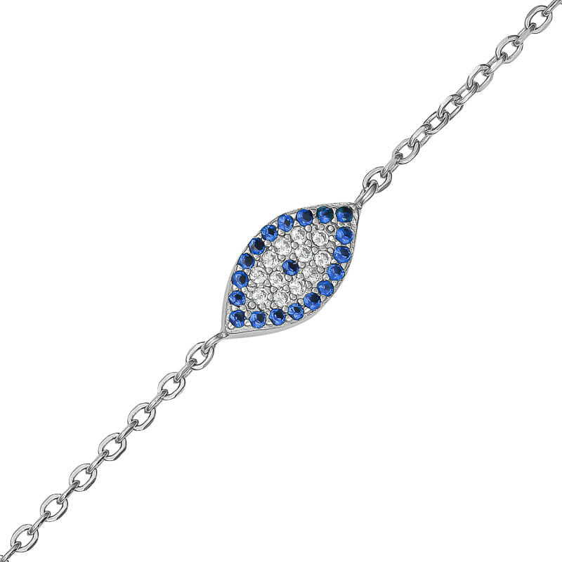 Rhodium Plated Sterling Silver Blue Evil Eye CZ Bracelet