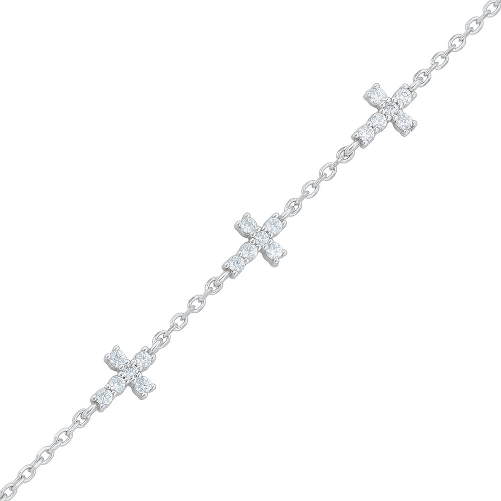 Rhodium plated sterling silver cz cross bracelet