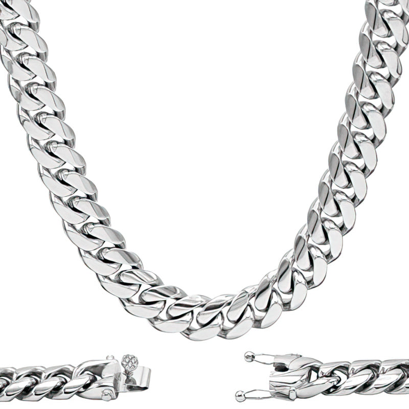 13mm Italian Rhodium Plated Sterling Silver Miami Cuban Chain with Box Lock