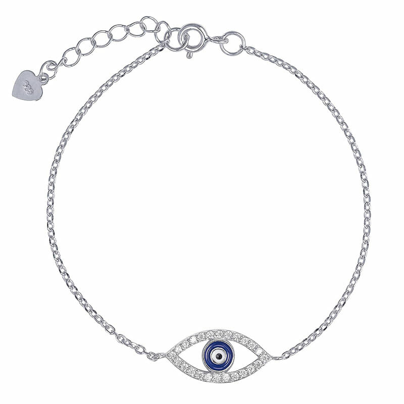 Rhodium Plated Sterling Silver Oval Blue Evil Eye CZ Bracelet