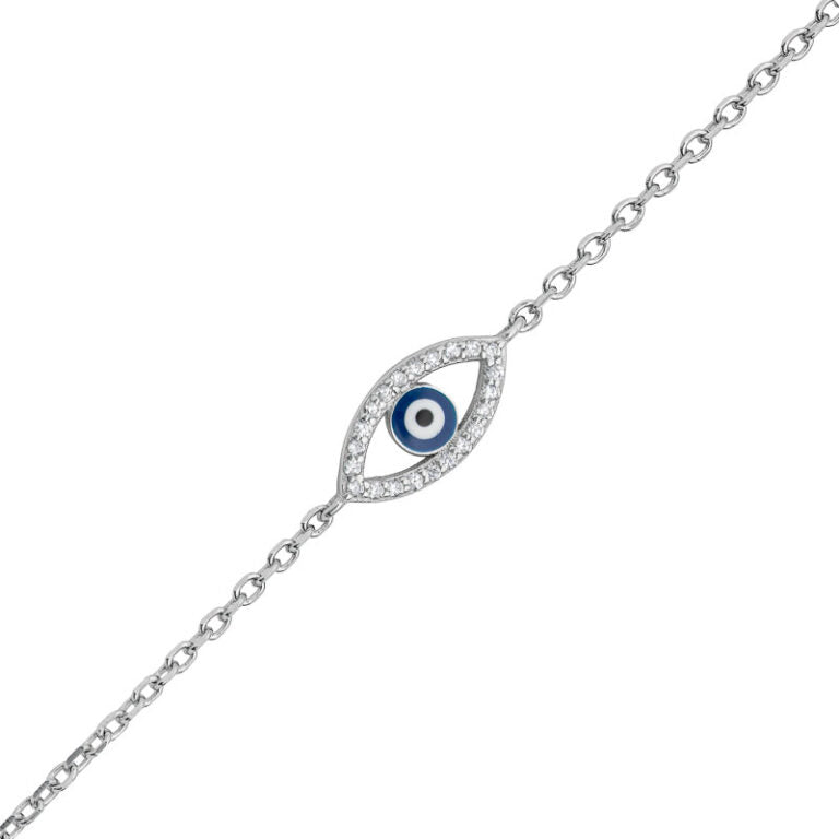 Rhodium Plated Sterling Silver Blue Evil Eye Bracelet With CZ