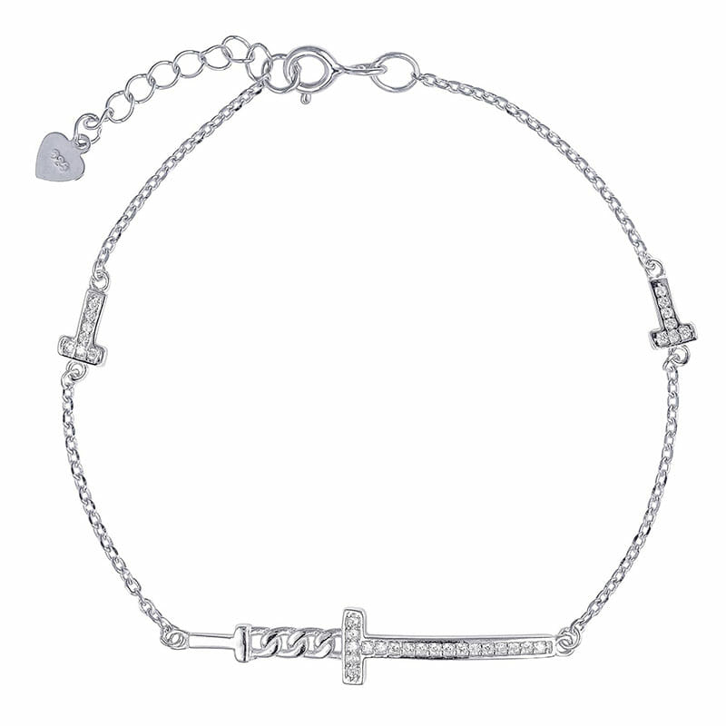Rhodium Plated Sterling Silver CZ Cross Bracelet