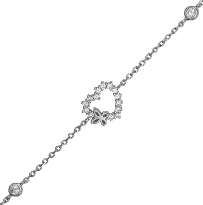 Rhodium Plated Sterling Silver Heart CZ Bracelet