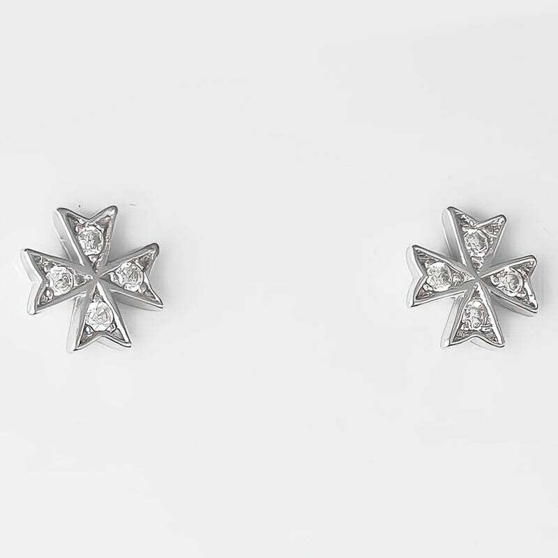 Rhodium Plated Sterling Silver Pave Set Maltese Cross CZ Stud Earrings