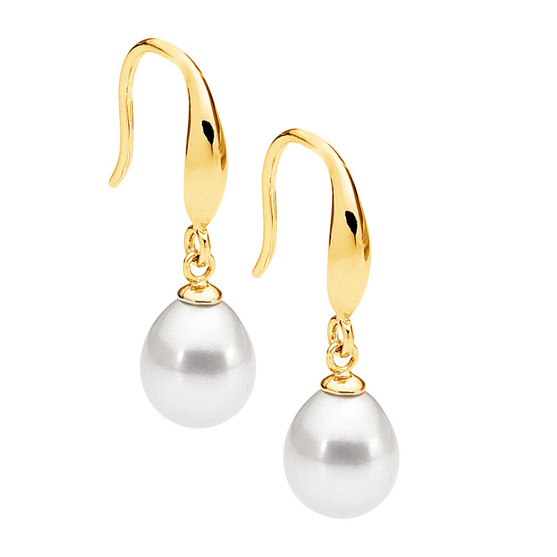 SS Shp/Hook Earrings w/ Freshwater Pearl Drop & Gold Plating