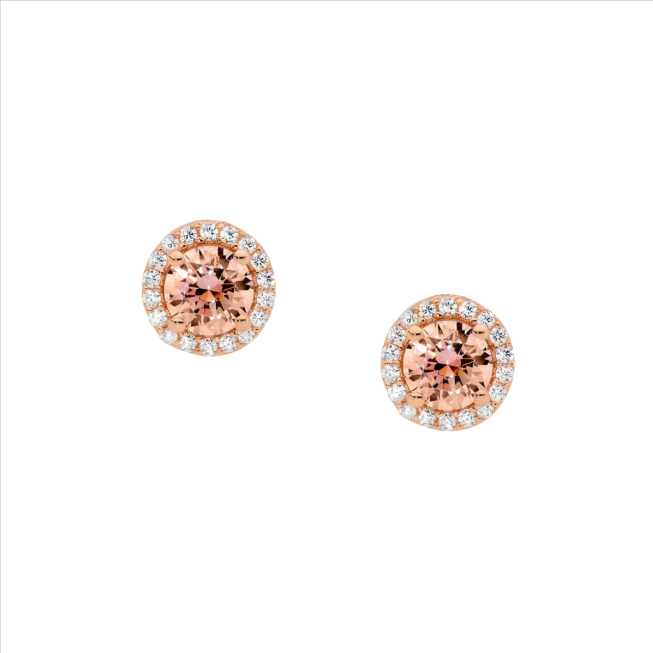 SS Morganite CZ Solitaire w/ WH CZ Surround Stud Earrings w/Rose Gold Plating