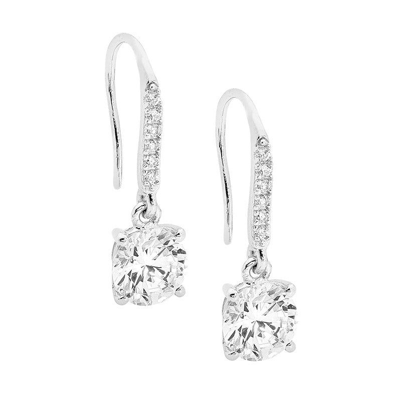 SS WH CZ Shepherds Hook Earrings, 7mm Rnd WH CZ drop - RRP $89