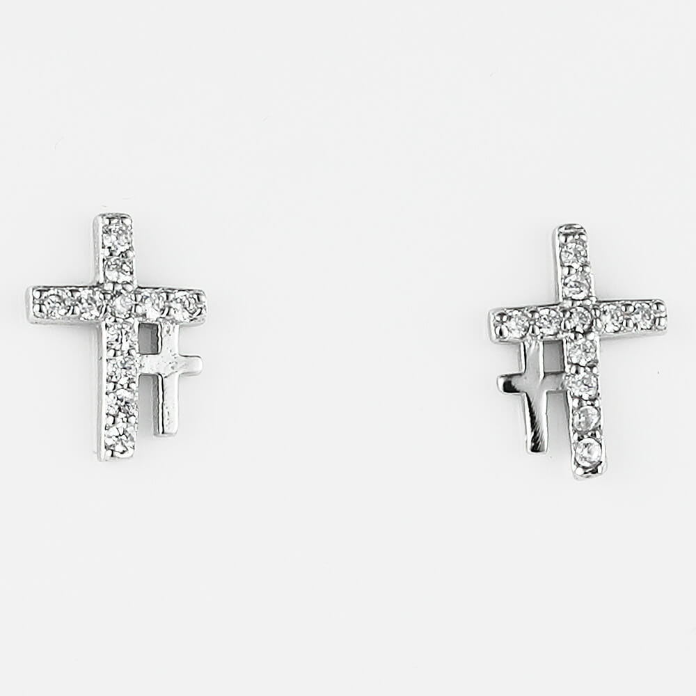 Rhodium Plated Sterling Silver Cross CZ Stud Earrings