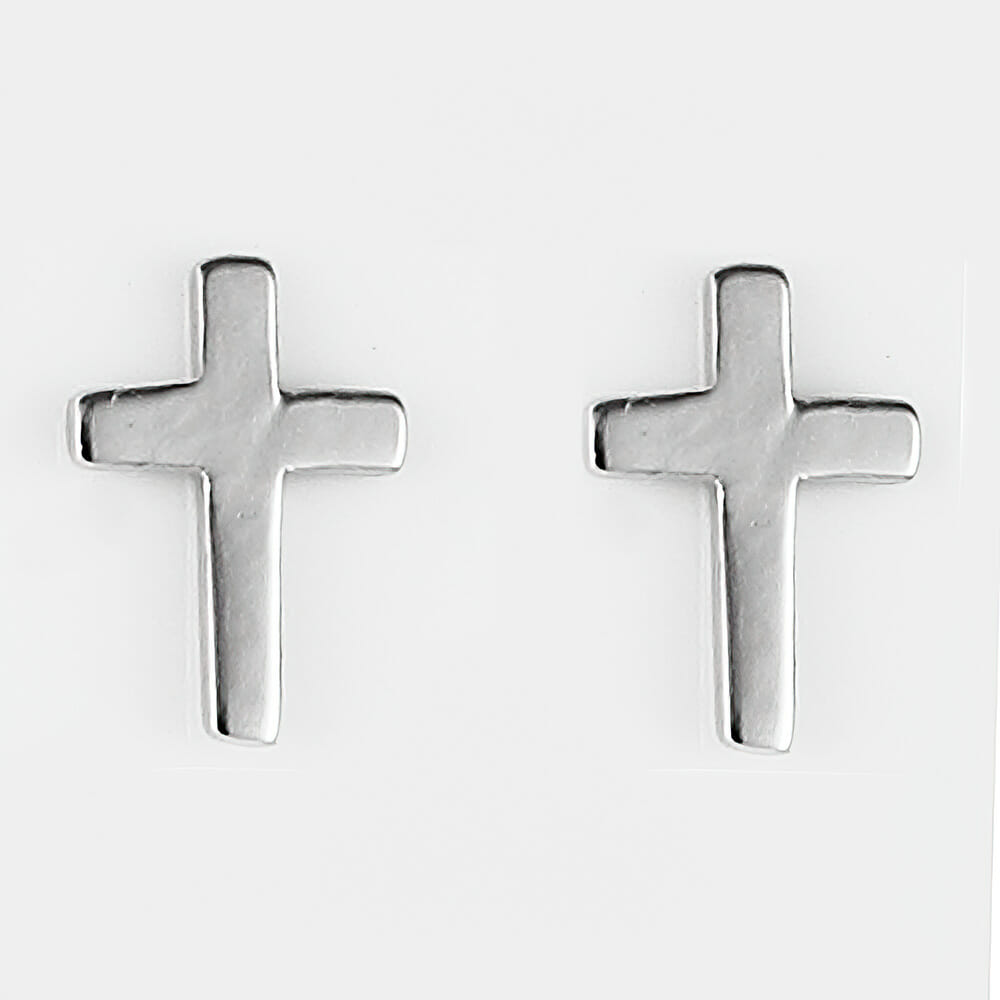 Rhodium Plated Sterling Silver Plain Cross Stud Earrings