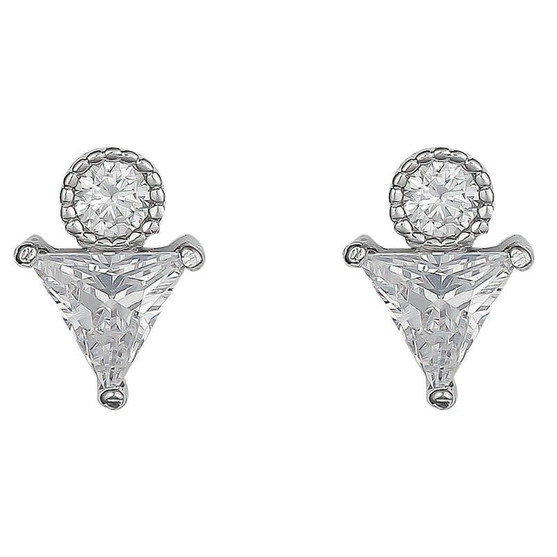 Rhodium Plated Sterling Silver CZ Triangle Stud Earrings With Ball Screw Back