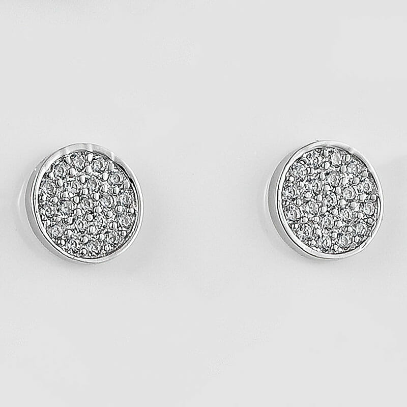 Rhodium Plated Sterling Silver CZ Round Circle With Pave Set CZ Stud Earring