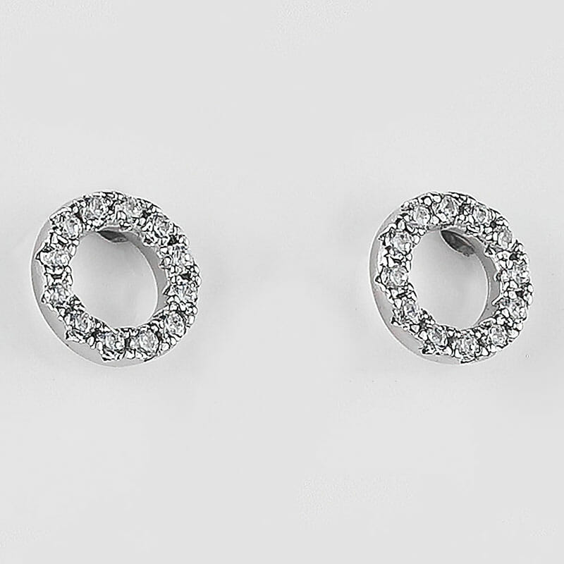 Rhodium Plated Sterling Silver CZ Round Circle Stud Earrings