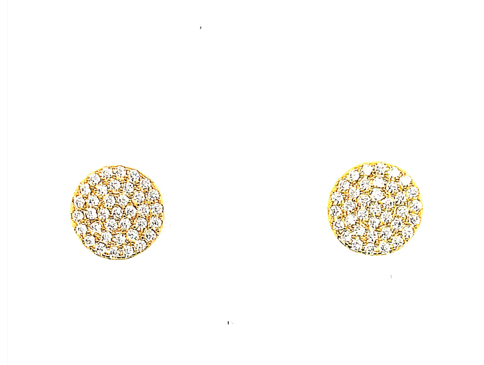 14k Yellow gold plated sterling silver Pave' Disc stud earrings