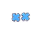 Sterling Silver Rhdoium Plated Clover Earrings With Cz Blue Turqoise Centre Stone