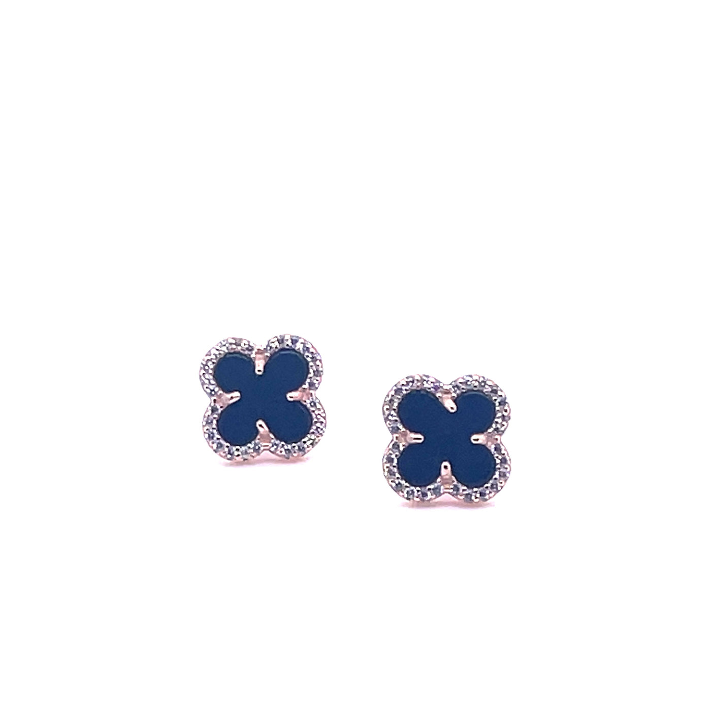 Sterling Silver rose gold Plated Clover Earrings With Cz Black Centre Stone